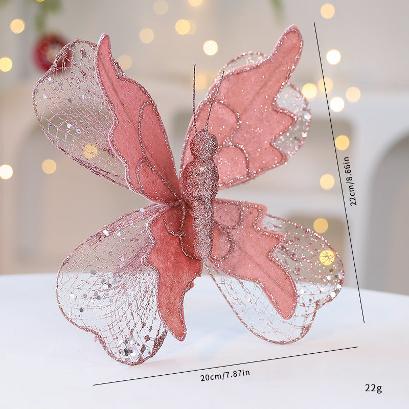 Rose Gold Large Glitter Butterfly Christmas Ornaments (Set of 2) - Clip-On Decorations for Trees & Wreaths