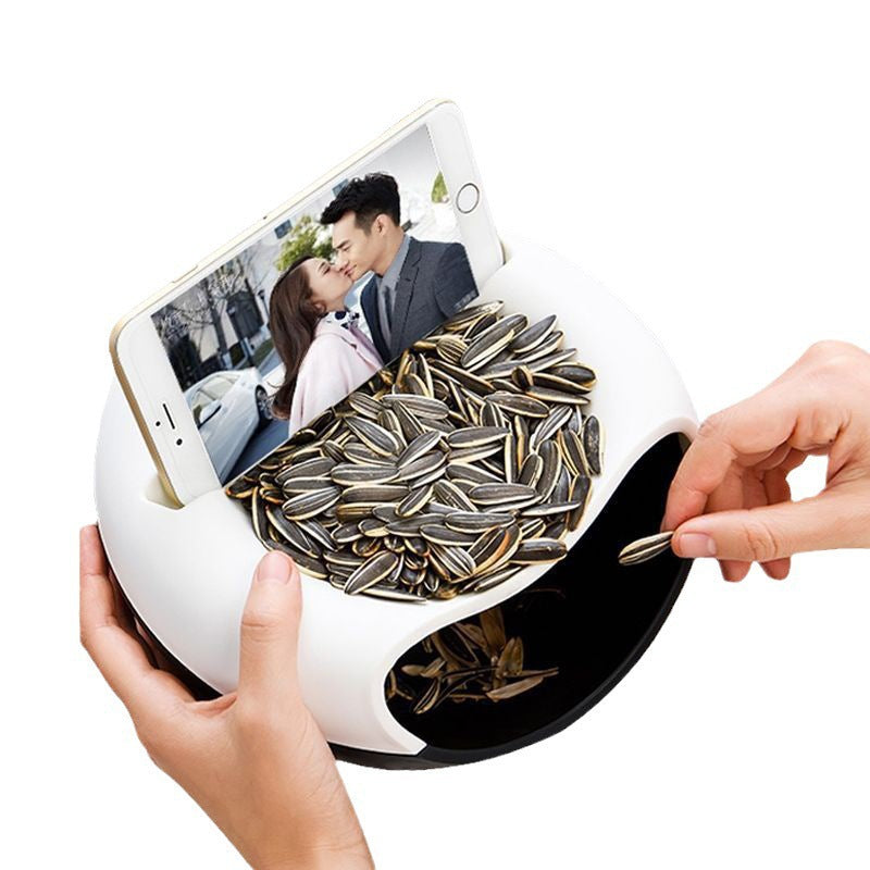 Black-white Creative Lazy Snack Bowl with Phone Holder - Dual-Layer Dish for Nuts & Seeds