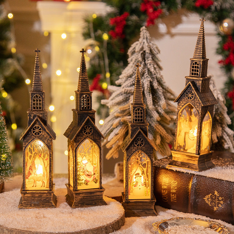 3-pcs Church Snowman Vintage Christmas Church LED Lantern - Battery Operated Decorative Holiday Night Light