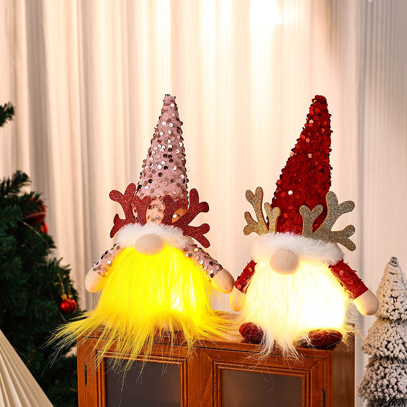 Light-Up Christmas Gnome Plush Doll with Sequin Hat & Antlers - Festive LED Tabletop Decoration(gold)