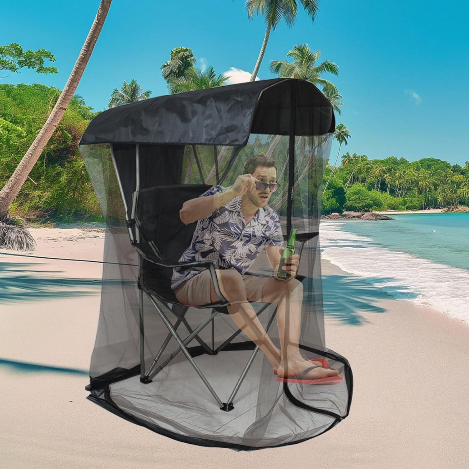 Portable Outdoor Chair Cover with Mosquito Net & Sun Canopy - UV & Water-Resistant Shelter for Camping & Fishing(black 205*125*205CM)