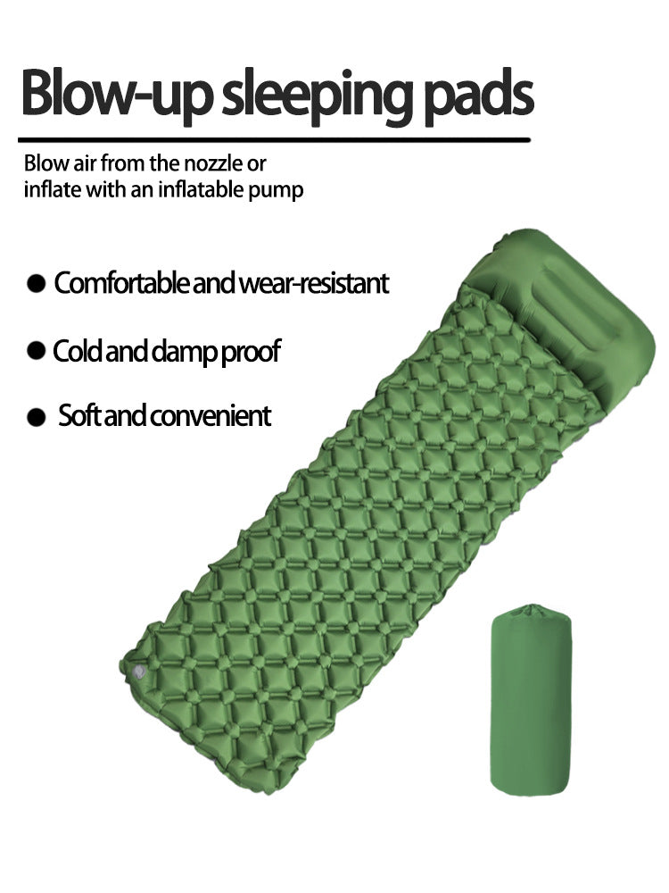 2pc Ultralight Inflatable Camping Sleeping Mat with Integrated Pillow - Waterproof 40D Nylon TPU(Army Green)