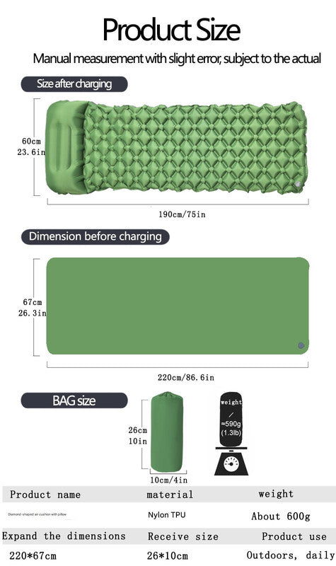 2pc Ultralight Inflatable Camping Sleeping Mat with Integrated Pillow - Waterproof 40D Nylon TPU(Army Green)