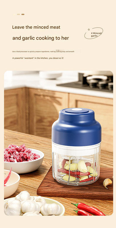 Powerful Mini Electric Food Chopper - USB Rechargeable Cordless Garlic & Meat Mincer(Blue 320ml + 6-blade knife)