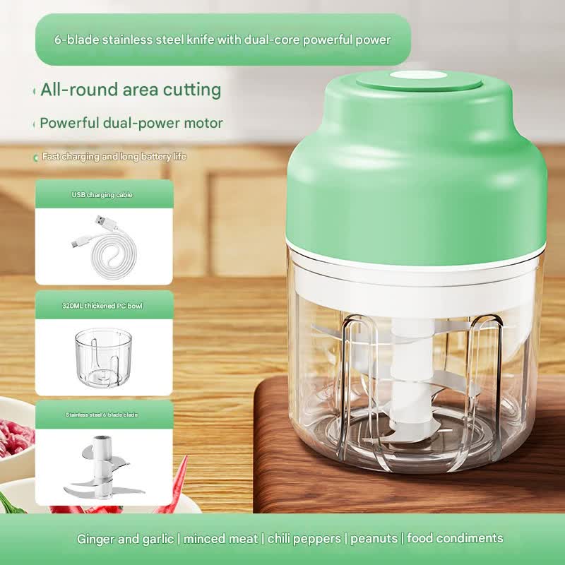 Powerful Mini Electric Food Chopper - USB Rechargeable Cordless Garlic & Meat Mincer(green 320ml + 6-blade knife)