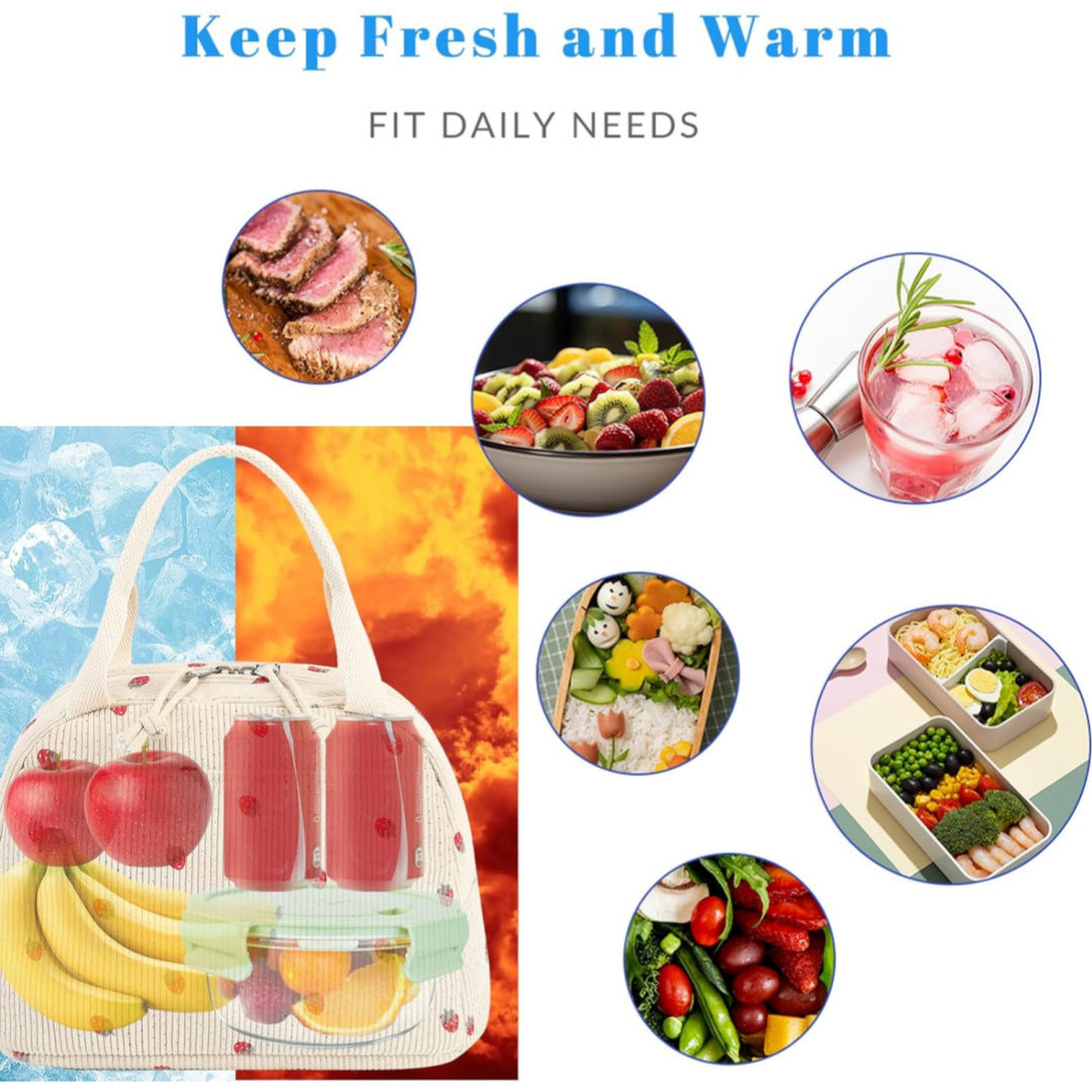 Pink Strawberry Pattern Corduroy Lunch Bag - Insulated Thermal Cooler Tote for School Work and Picnics