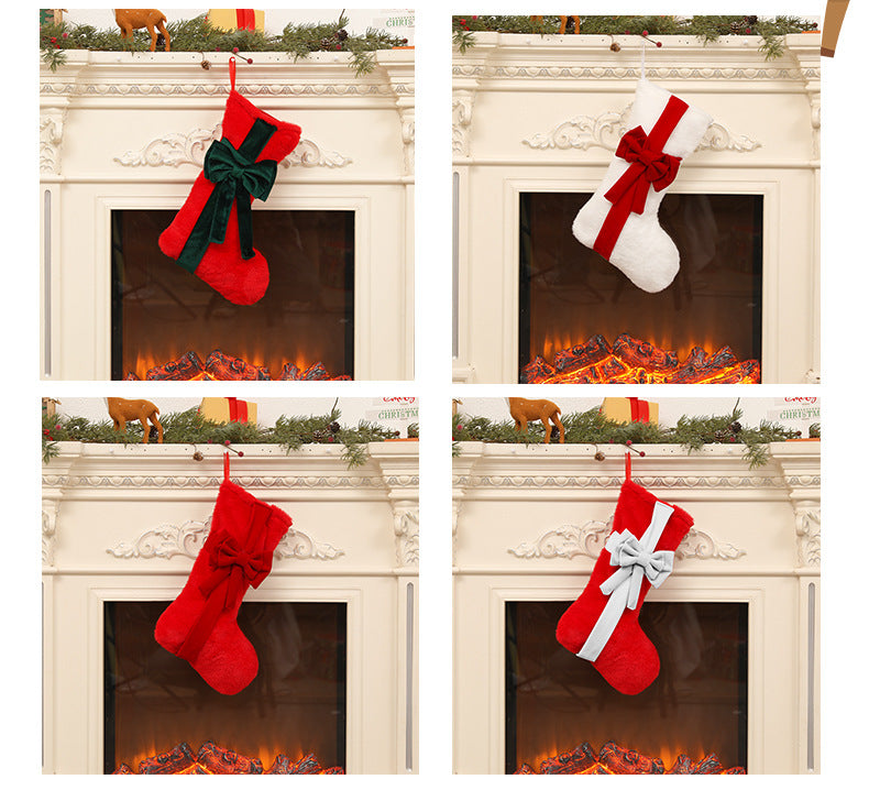 2 Pcs White Stitching Red Bow Luxurious Velvet Christmas Stocking with Elegant Bow - Large 45cm Holiday Mantel Decoration