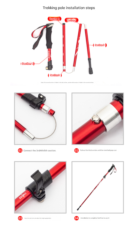 Short Red Ultralight Foldable Hiking Pole - Adjustable Aluminium Trekking Stick with EVA Grip for Outdoor Walking & Climbing