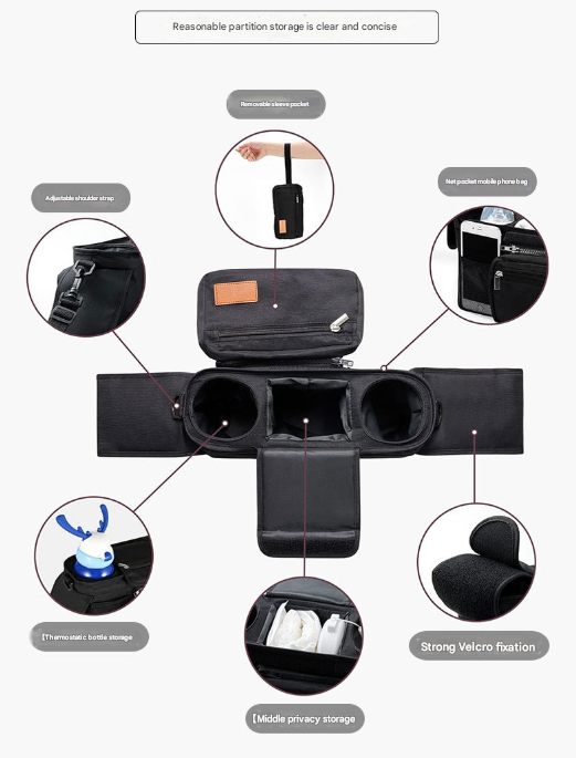 Black Universal Stroller Organiser Caddy with Insulated Cup Holders and Detachable Wristlet