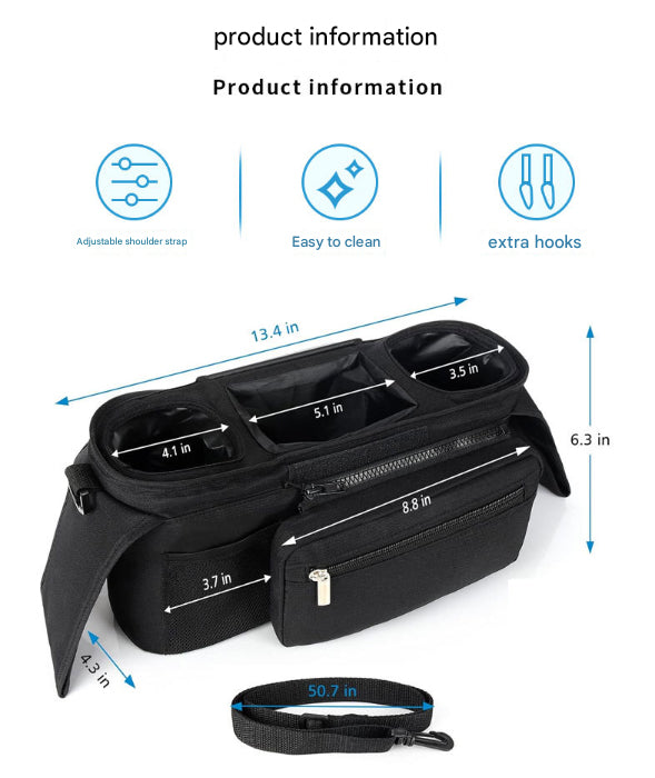 Grey Universal Stroller Organiser Caddy with Insulated Cup Holders and Detachable Wristlet