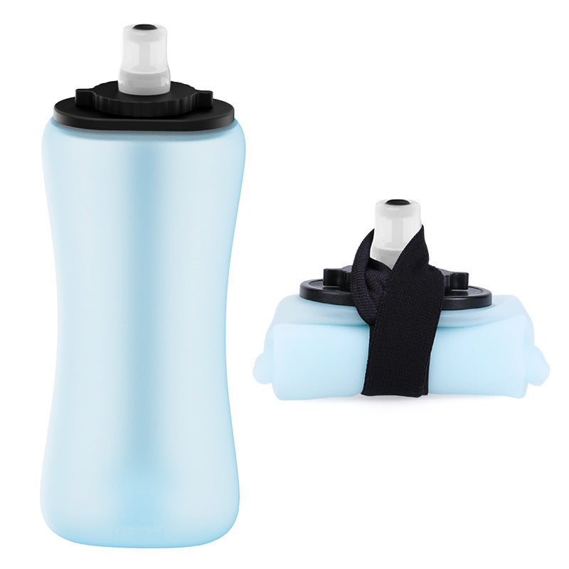 Blue Collapsible Handheld Running Flask - 350ml Lightweight Silicone Water Bottle with Bite Valve