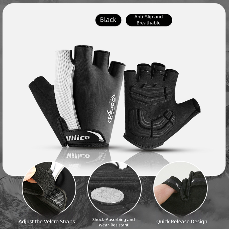 Size M Black Padded Half-Finger Cycling Gloves - Breathable Shock-Absorbing Workout Gloves for Gym & Fitness
