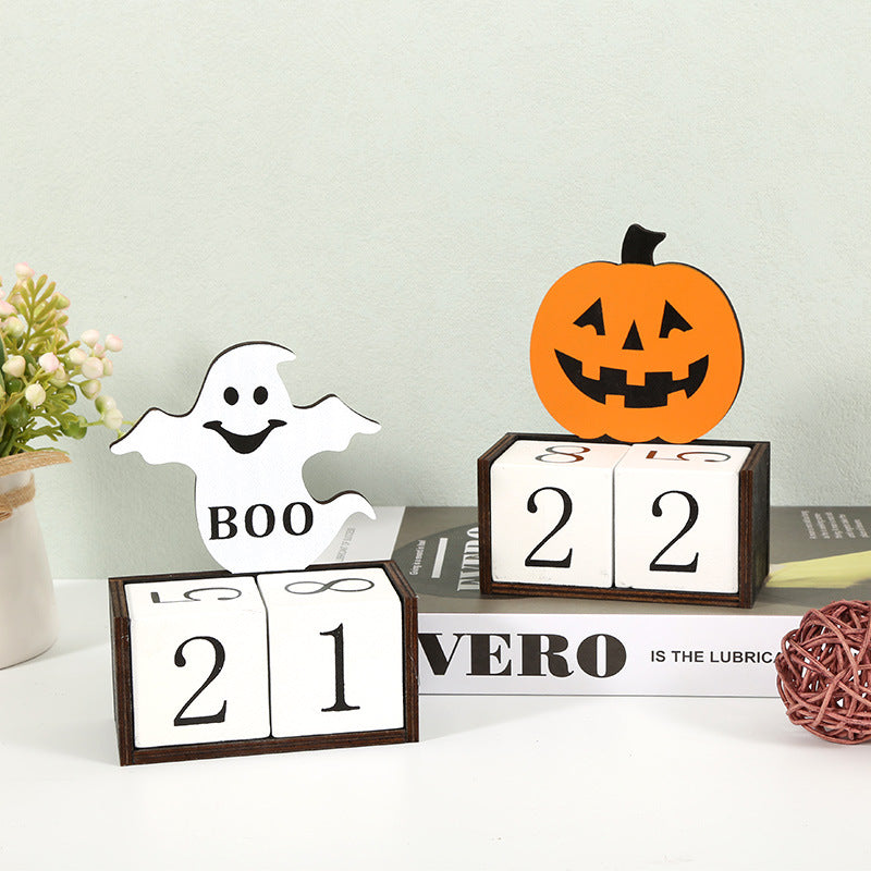 White Ghost Shape Festive Halloween Countdown Blocks - Reusable Wooden Perpetual Calendar for Desk Decor