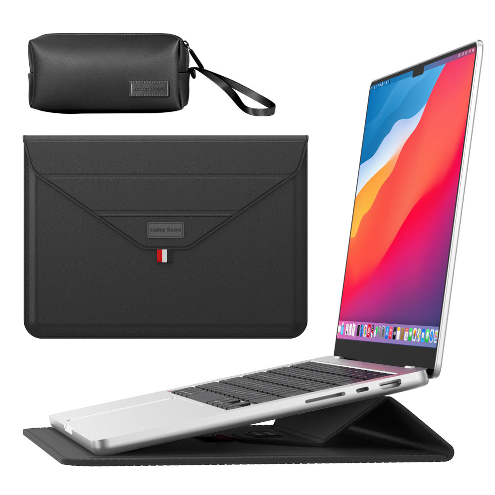 3-in-1 PU Leather Laptop Sleeve with Stand & Mouse Pad + Accessory Pouch(black)