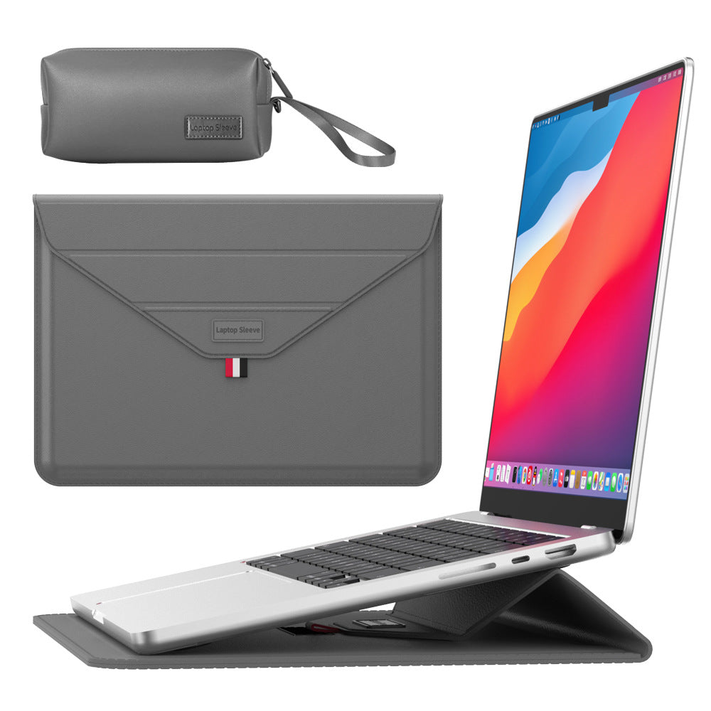 3-in-1 PU Leather Laptop Sleeve with Stand & Mouse Pad + Accessory Pouch(Gray)