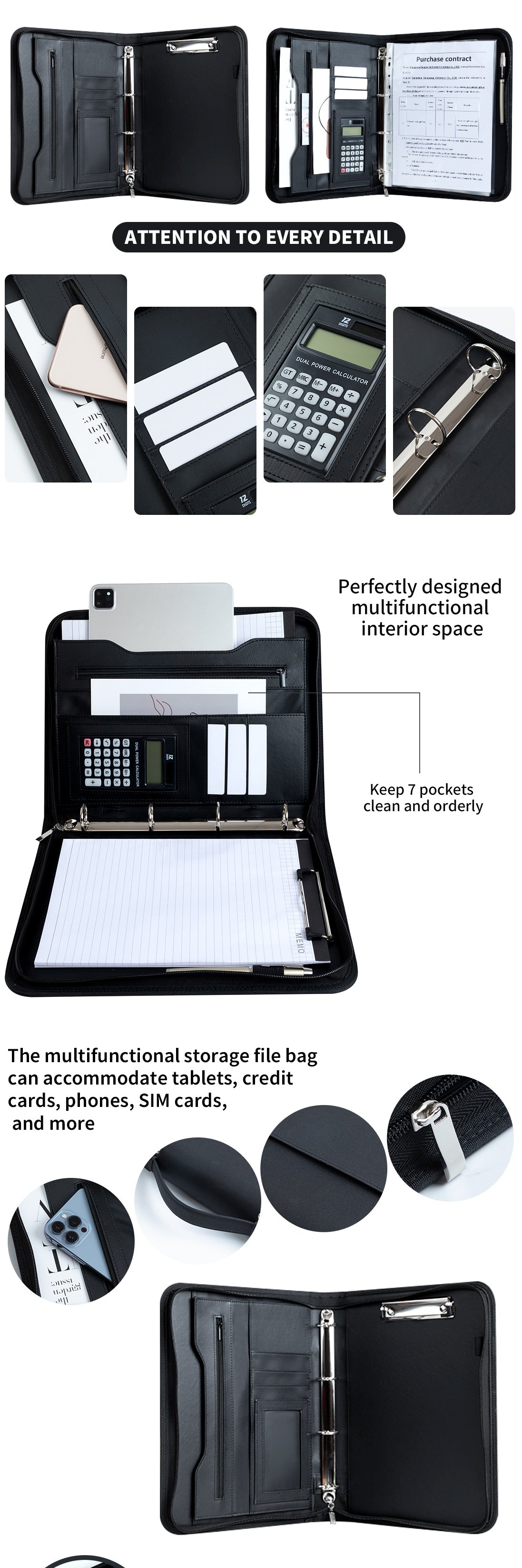 Professional PU Leather A4 Portfolio Binder with Zipper, Handle, Calculator & Clipboard(black)