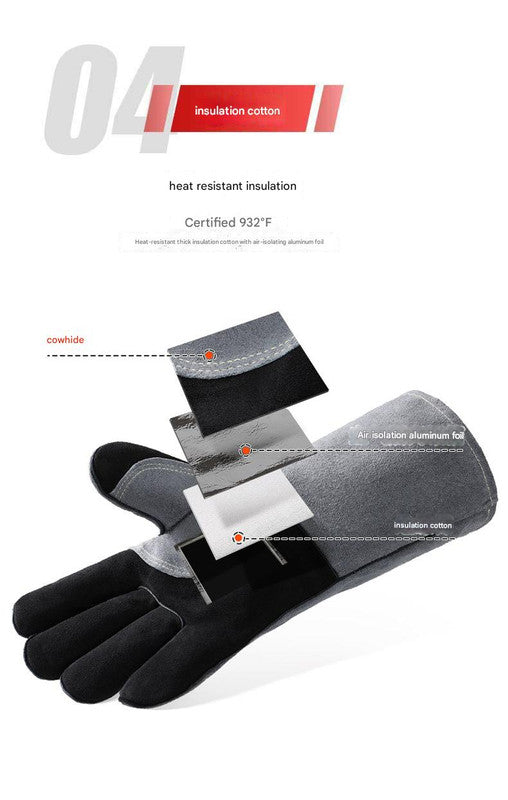 Heavy-Duty Leather Heat Resistant Gloves - 500°C BBQ, Welding & Oven Mitts with Long Cuffs(grey)
