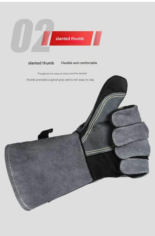Heavy-Duty Leather Heat Resistant Gloves - 500°C BBQ, Welding & Oven Mitts with Long Cuffs(black and grey)